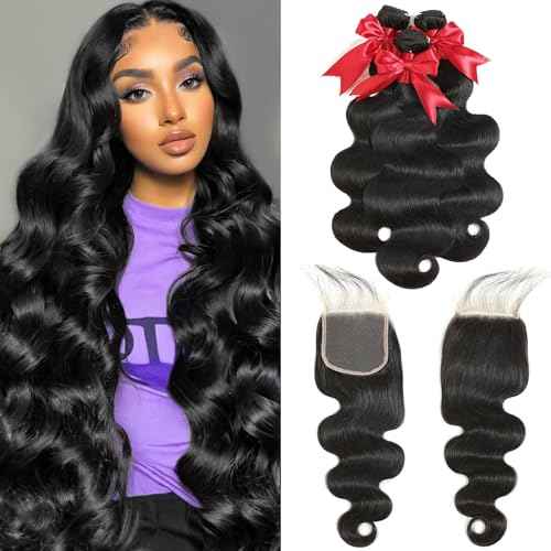 12A Body Wave Bundles with Closure Human Hair 22 24 26+20 Inch Brazilian Virgin Body Wave Human Hair Weave 3 Bundles with 4x4 HD Lace Closure