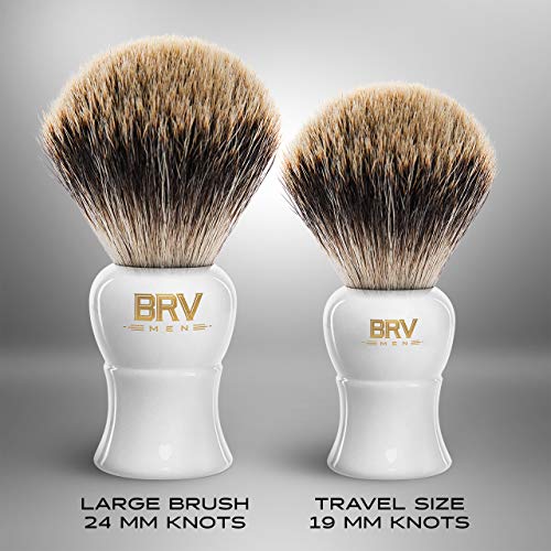 BRV MEN Pure Badger Shaving Brush (19mm knots) - Heavy Resin Handle - Use with Double-Edge Safety Razor, Straight Razor and Shaving Bowl (White)