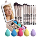 BS-MALL large Led Makeup Mirror Case Travel Makeup Brushes Set 15 Pcs ? LED Light Mirror with Makeup Sponge for Enhanced Beauty Routine Desk Stand Led Mirror