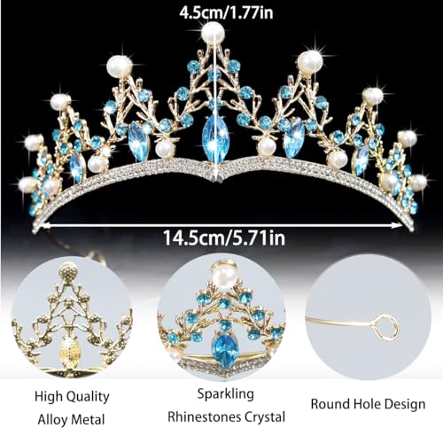 Baroque Pearl Crystal Bridal Tiara Crown in Gold (Variation: Gold-light blue) for Weddings & Prom