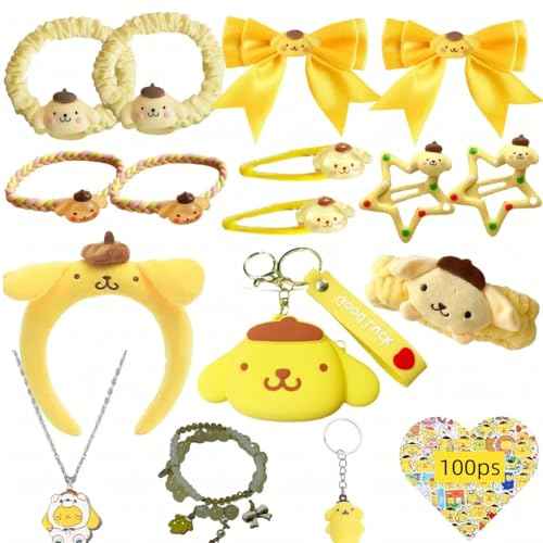 117Pcs Kawaii Stuff Gifts Set Include Headband,Pouch, Hair Band, Hair Ties & Clips, Hairpin, Stickers, Necklace,Bracelet, Keychain(Yellow)