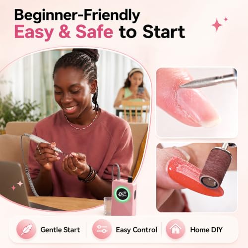 Makartt Pink Cordless Nail Drill for Beginners - Safe, Adjustable RPM, Rechargeable E-File