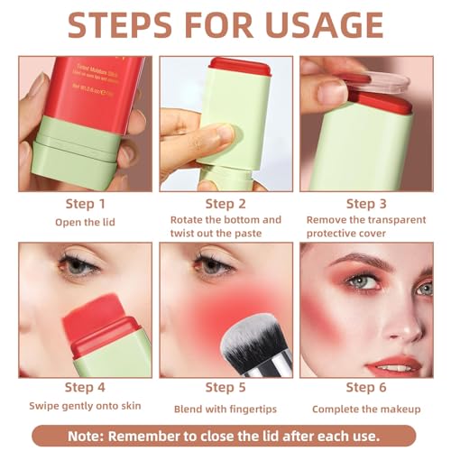 Cream Blush Stick for Cheeks, Multi-Use Makeup for Eye, Lip, Face - Travel-Friendly Tinted Solid Moisturizer, Matte Natural Glow Blendable Smooth Blusher With Brush - Orange Coral