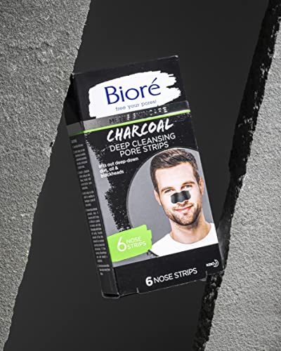 Biore Men's Pore Strips for Blackhead Removal - Deep Cleansing Nose Strips With Natural Charcoal for Instant Pore Unclogging, 6 Count (Pack of 2)