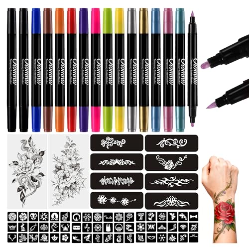 Temporary Tattoo Markers, 15 Dual-End Colors with 62 Stencils