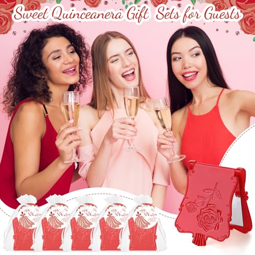 Wenqik 50 Set Quinceanera Party Favors for Guests Include Rose Compact Mirror Quinceanera Card and Organza Bag Mis Xv Sweet 15th Birthday Party Favors (Red)