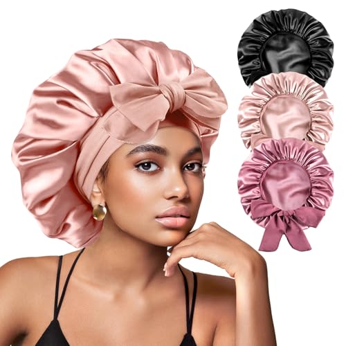 Yanideer 3 Pack Satin Sleep Bonnets for Women, Adjustable & Double Layer Hair Protection