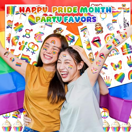 96PCS Happy Pride Month LGBT Rainbow Flag Pre-Cut Temporary Tattoos for Kids | Super Cute Themed Birthday Party Favors, Supplies, Decorations, Fake Tattoo Stickers, School Rewards & Gifts Boys & Girls