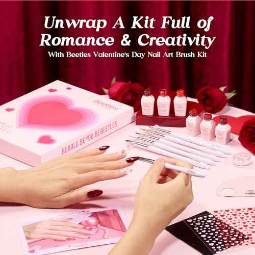Beetles Red Gel Nail Polish & Nail Art Brushes Set-Heart Desire Multifunctional Nail Brushes Kit for Nail Art with Heart Nail Gems&Nail stickers Manicure Gift for Girls Women