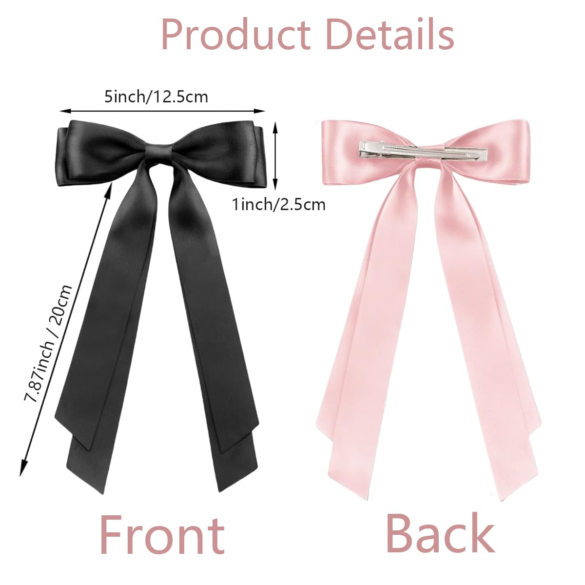 Women Hair Bow Clips 2 Pcs, Cute Silky Satin Hair Bowknot Clips Hairclips Double Ribbon Tassel Ponytail Holder Accessories, Hair Bow Barrettes Clips for Girls Toddlers Teens Kids Gifts, Black+Pink