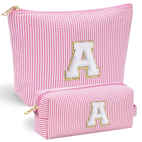 Personalized Initial Makeup Bag for Women - Pink Chenille Letter