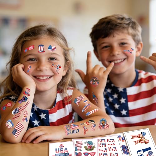 4th of July Temporary Tattoos for Kids, 20 Sheets 90+ Patriotic Designs