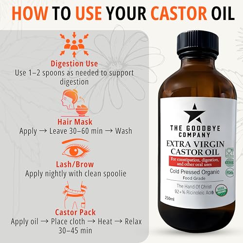 The Goodbye Company Extra Virgin Castor Oil 250ml - USDA Organic & Cold Pressed