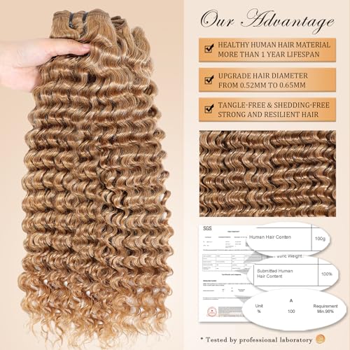 inlovwith Honey Blonde Deep Wave Human Hair Bundles, Selected Healthy Deep Curly Bundles Human Hair 27# Colored Brazilian Virgin Hair Wet and Wavy (Single Bundle, 20 Inches)