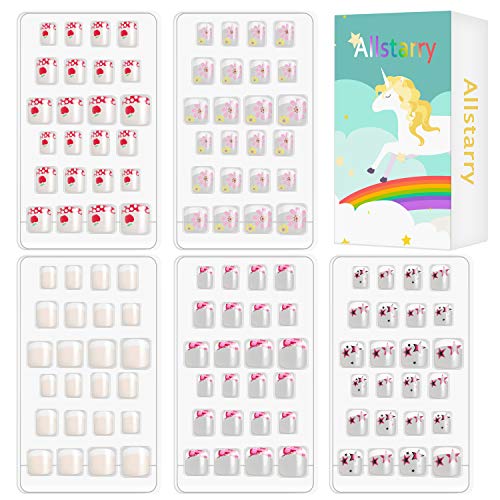 Allstarry 120pcs 5 pack French Children Nails Press on Pre-glue Full Cover Short French False Nail Kits Lovely Gift for Children Little Girls Nail Art Decoration (Flower Series)