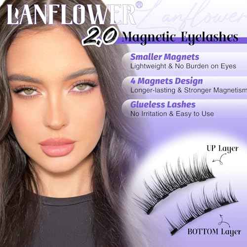 Lanflower Magnetic Eyelashes with Applicator Natural Magnetic Lashes Wispy False Eyelashes with Magnets Fairy Eyelashes No Need Glue Manga Lashes