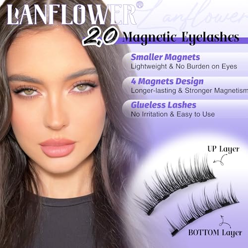 LANFLOWER A1 Magnetic Eyelashes with Applicator, Natural Wispy Cat-Eye, Reusable & Waterproof