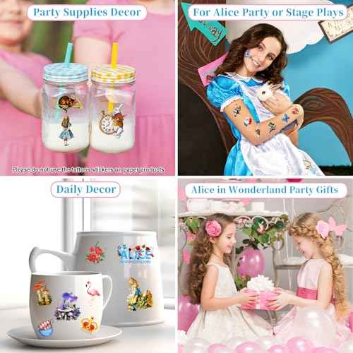 Alice in Wonderland Temporary Tattoos, 96pcs Alice in Wonderland Tattoos, Htabiol Alice in Wonderland Decor, Alice in Wonderland Party Favors, Suit for Onederland 1st Birthday, Mad Hatter Tea Party
