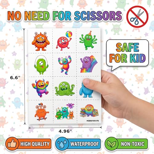 96 PCS Cute Monster Temporary Tattoos for Kids