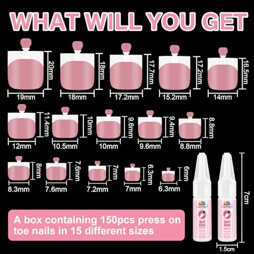 EBANKU Press On Toe Nails 150pcs French Pink Acrylic with Glue