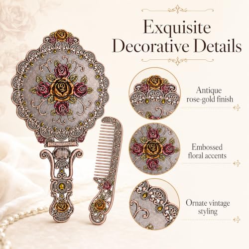 Vintage Hand Mirror & Comb Set - Antique Embossed Rose Design