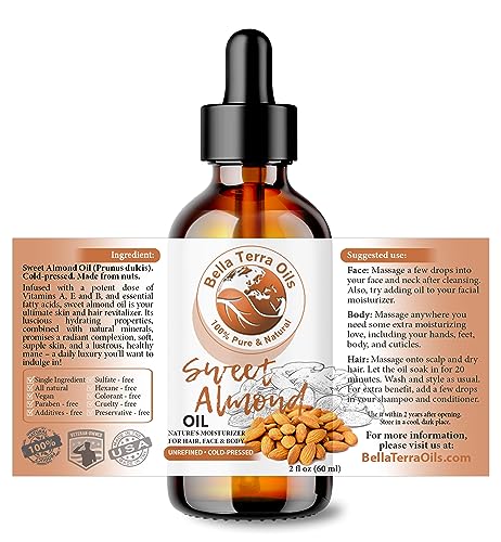 Bella Terra Oils - Organic Sweet Almond Oil 2oz - Unlock Almond's Vitamin-Enriched Goodness, Abundant in Beneficial Fatty Acids, Ultimate Skin Indulgence