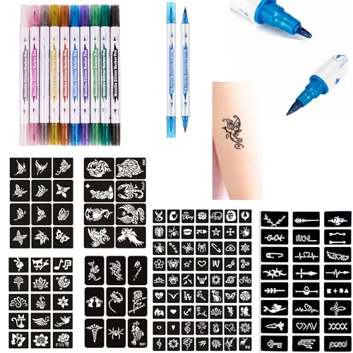 DOWEI Temporary Tattoo Stencil Kit - 10 Markers + 131 Stencils