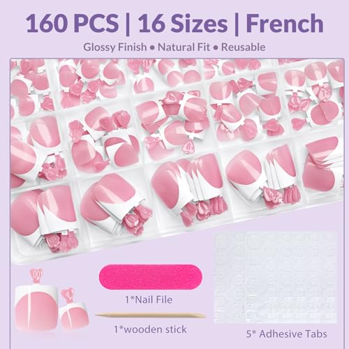 AddFavor 160pcs French Tip Press On Toenails - Glossy Pink