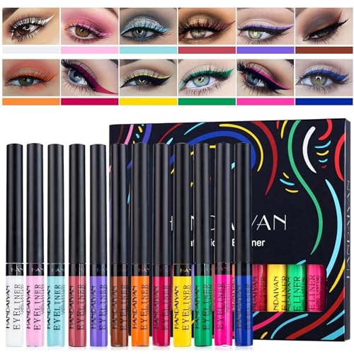 MAEPEOR 12 Color Matte Liquid Eyeliner Set Smooth Pigmented Colorful Eyeliner Line Pen Waterproof Smudgeproof Long Lasting Eyeliner Eyeliner Eye Makeup Gift Kit for Women and Girls (Set 01)