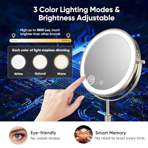 Professional 8.7¡± Lighted Makeup Mirror with 1X/10X Magnification ? Rechargeable Double-Sided HD Vanity Mirror, Height Adjustable, 88 High-CRI LEDs, 3 Color Dimmable Lighting, Dual Power, 360¡Æ Swivel