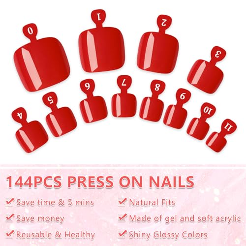 144pc Hot Red Press On Toenails Kit with Glue & Tools