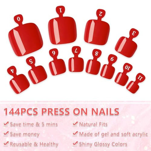 144pc Hot Red Press On Toenails Kit with Glue & Tools