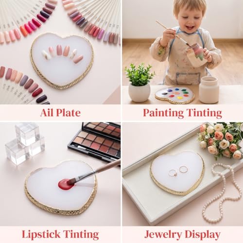 Nail Art Palette Set 2Pcs Heart White Resin Gold Edge