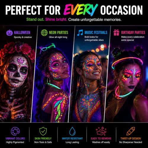 Glow in the Dark Face Paint Crayons - 24 Neon UV Body Makeup Set