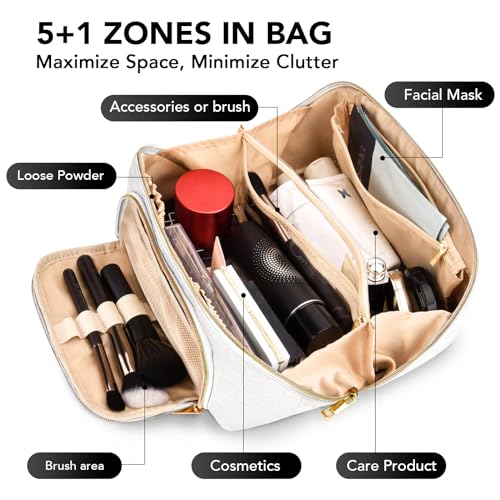 stona Travel Makeup Bag for Women, Large Capacity PU Leather Waterproof Checkered Cosmetic Bags, Portable Pouch Open Flat Toiletry Bag, Make up Organizer with Divider and Handle, White