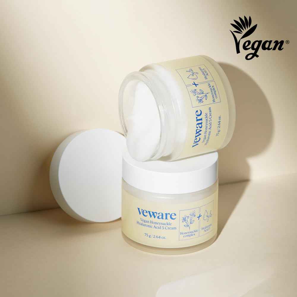 Veware Vegan Honeysuckle Hyaluronic Acid 5 Moisturizing Cream - Soothing & Hydrating for Sensitive Skin - Fragrance-Free, Alcohol-Free, 75g