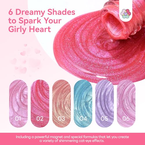 SAVILAND Valentine Magnetic Nail Polish Set 6 Romantic Pink & Lilac Colors, 0.34 Fl oz Each, Cat Eye Effect, Quick Dry, Long Lasting
