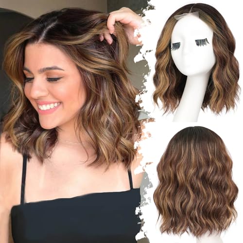 Brown Highlight Wavy Bob Wig 14" - Glueless Synthetic Lace
