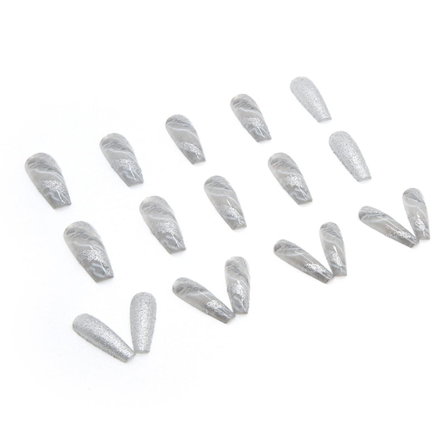 Long Coffin Press on Nails Fake Nails with Sliver Glitter Design White Gray Coffin Full Cover Stick on Nails Glossy False Nails with Glue on Nails for Women Girls Acrylic Nails Kit 24Pcs