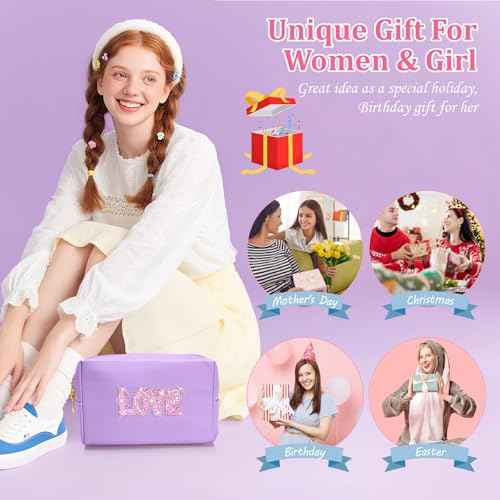 Bling Love Rhinestone Makeup Bag For Teen Girl Kids Women Bride Bridesmaids,Trendy Travel Cosmetic Bag For Mothers Teachers Birthday Engagement Wedding Gifts,Sparkly Leather Toiletry Bag (Purple LOVE)