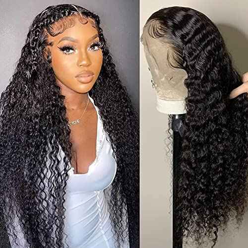 Wingirl 13x4 HD Deep Wave Lace Front Wigs Human Hair Pre Plucked with Baby Hair Transparent 180 Density Glueless Lace Frontal Wigs for Women Natural Black Color