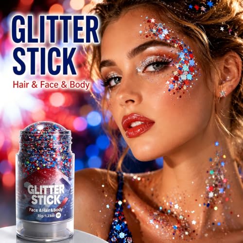 4th of July Red White Blue Glitter Stick, Patriotic Face & Body