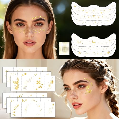Gold Glitter Freckles Temporary Tattoo Set – 6 Face Sheets + 24 Eye Stickers
