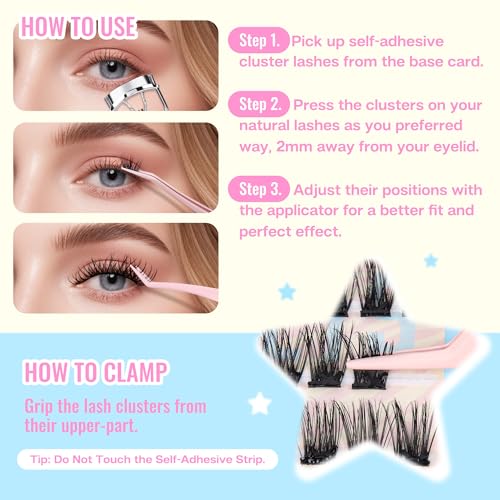 CALAILIS Self Adhesive Eyelashes 66Pcs D Curl Press on Lashes Pre Glued Eyelash Clusters No Glue Needed Lash Clusters Reusable Glueless DIY CLuster Lashes Kit with Tweezers for Beginners (ZN05)