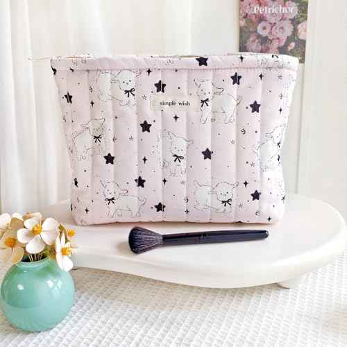 STARDW Cute Cotton Quilted Makeup Bag Cosmetic Bags for Women and Girls,Travel Toiletry Bag Floral Makeup Zipper Pouch, Purse Organizer Pouches,Canvas Lining (Cute Lamb)