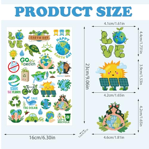 Earth Day Temporary Tattoo Stickers, 8 Sheets 200+ Designs