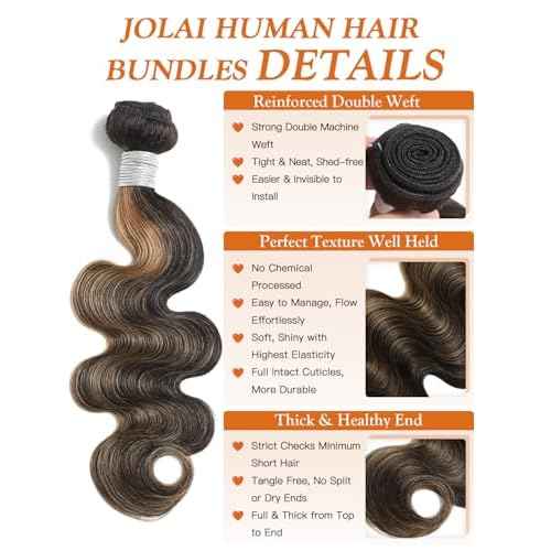 P1b/27 Human Hair Bundles Body Wave 2x6 Closure with Bundles 16 18 20+14 Inch, Honey Blonde Highlight Loose Wave Weave 12A Black Balayage Bundles with 2x6 Lace Sew In Closure