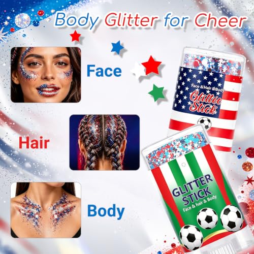Red White Blue Glitter Stick - Waterproof Face Body Makeup (2-Pack)