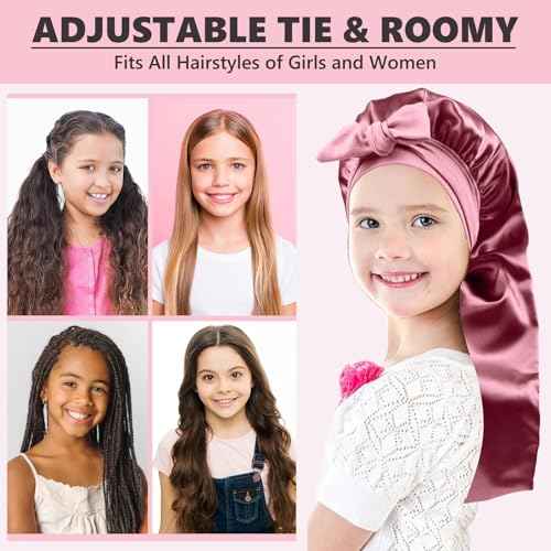 Long Kids Bonnets for Girls,Double Layer Satin Bonnet for Sleeping Kid,Bonnet for Girl Braids Long Hair Rose Gold