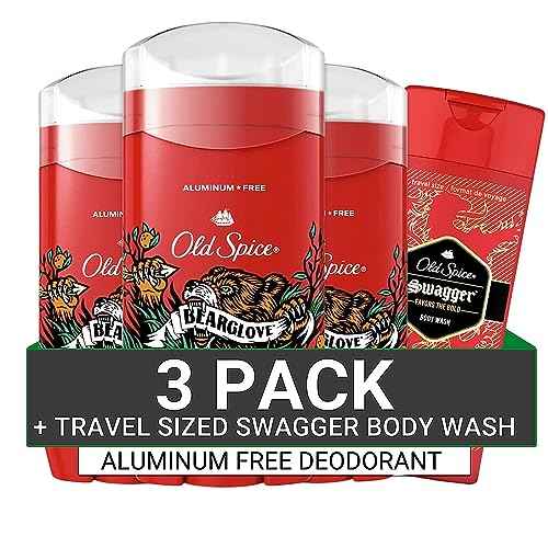 Old Spice Aluminum Free Deodorant for Men, 24/7 Odor Protection, 24/7 Freshness & Lasting Scent, Bearglove Scent, 3.0 oz with Travel Size Swagger Body Wash (Pack of 4)